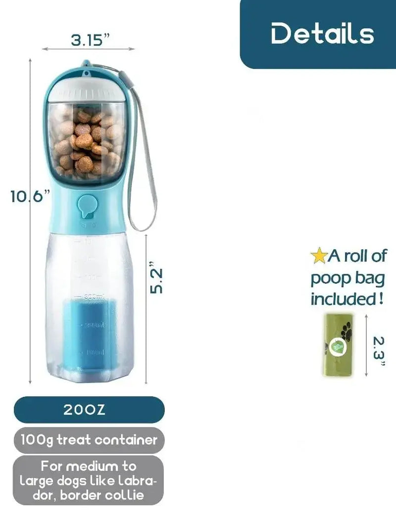 Portable Water Bottle for Dogs, 3 in 1 Pet Travel Bowl Dispenser with Food Treat Container & Poop Bag Holder, Summer Outdoor Walking Hiking Accessories for Large Dog on the Go - Blue, 20Oz
