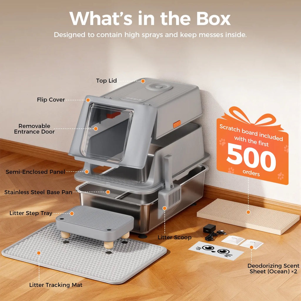 COMHOMA Stainless Steel Cat Litter Box | Extra Large 100L Enclosed Litter Box with Smart Odor Control, Auto Pause Sensor, 180° Flip Lid for Easy Cleaning, Anti-Leak High Walls, Step Mat & Scoop | Ideal for Multiple Cats