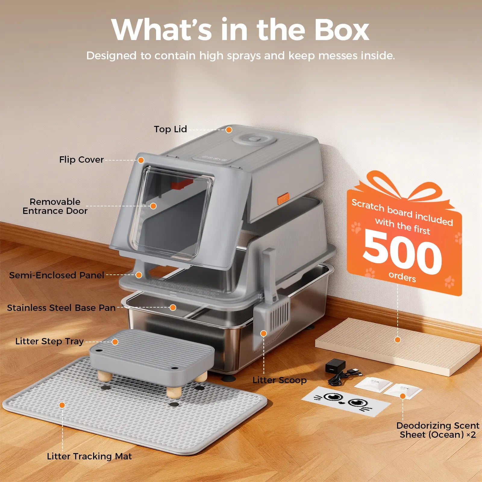 COMHOMA Stainless Steel Cat Litter Box | Extra Large 100L Enclosed Litter Box with Smart Odor Control, Auto Pause Sensor, 180° Flip Lid for Easy Cleaning, Anti-Leak High Walls, Step Mat & Scoop | Ideal for Multiple Cats