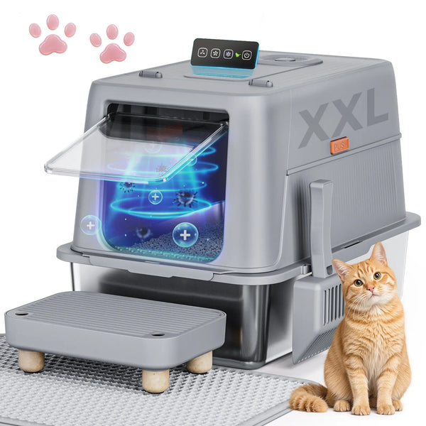 COMHOMA Stainless Steel Cat Litter Box | Extra Large 100L Enclosed Litter Box with Smart Odor Control, Auto Pause Sensor, 180° Flip Lid for Easy Cleaning, Anti-Leak High Walls, Step Mat & Scoop | Ideal for Multiple Cats