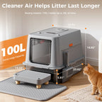 COMHOMA Stainless Steel Cat Litter Box | Extra Large 100L Enclosed Litter Box with Smart Odor Control, Auto Pause Sensor, 180° Flip Lid for Easy Cleaning, Anti-Leak High Walls, Step Mat & Scoop | Ideal for Multiple Cats
