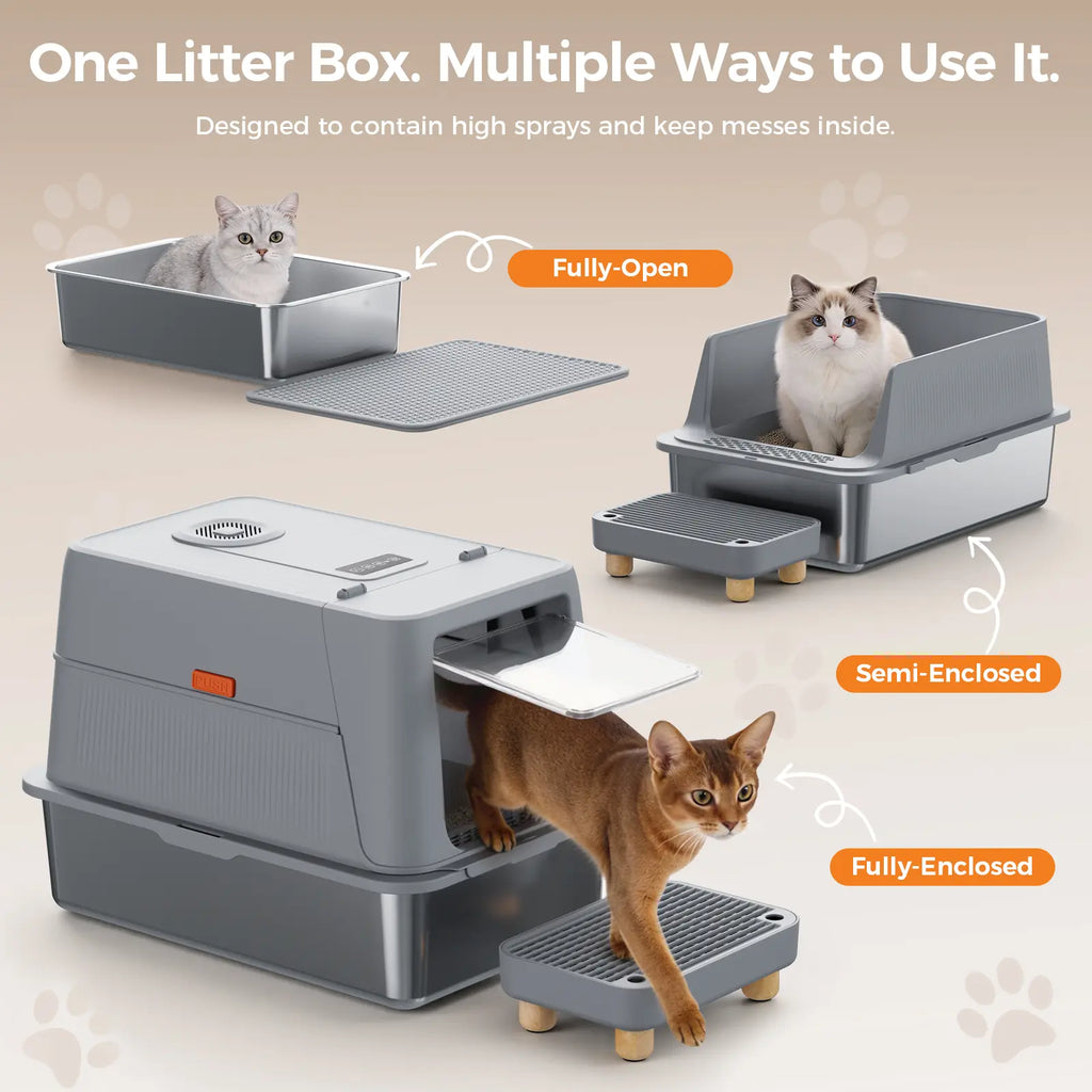 COMHOMA Stainless Steel Cat Litter Box | Extra Large 100L Enclosed Litter Box with Smart Odor Control, Auto Pause Sensor, 180° Flip Lid for Easy Cleaning, Anti-Leak High Walls, Step Mat & Scoop | Ideal for Multiple Cats