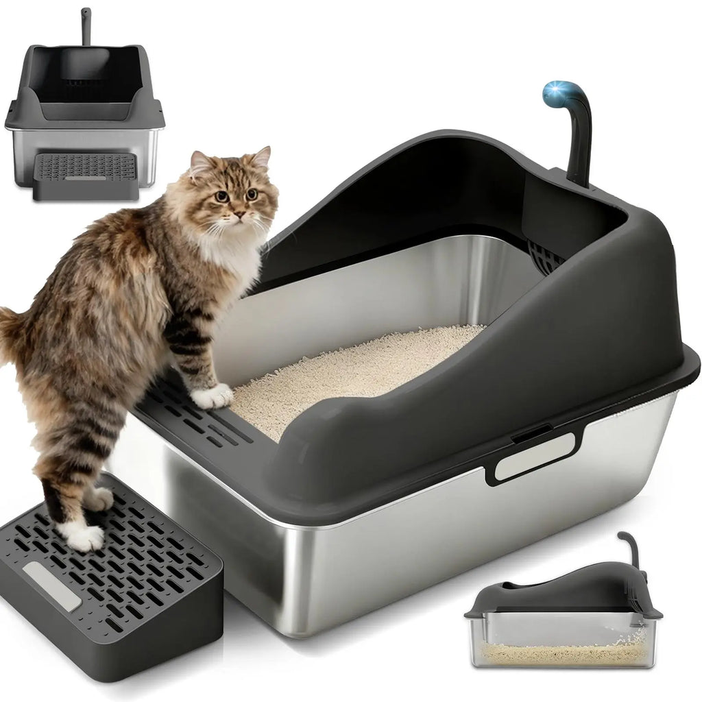 COMHOMA Stainless Steel Cat Litter Box | Extra Large 100L Enclosed Litter Box with Smart Odor Control, Auto Pause Sensor, 180° Flip Lid for Easy Cleaning, Anti-Leak High Walls, Step Mat & Scoop | Ideal for Multiple Cats