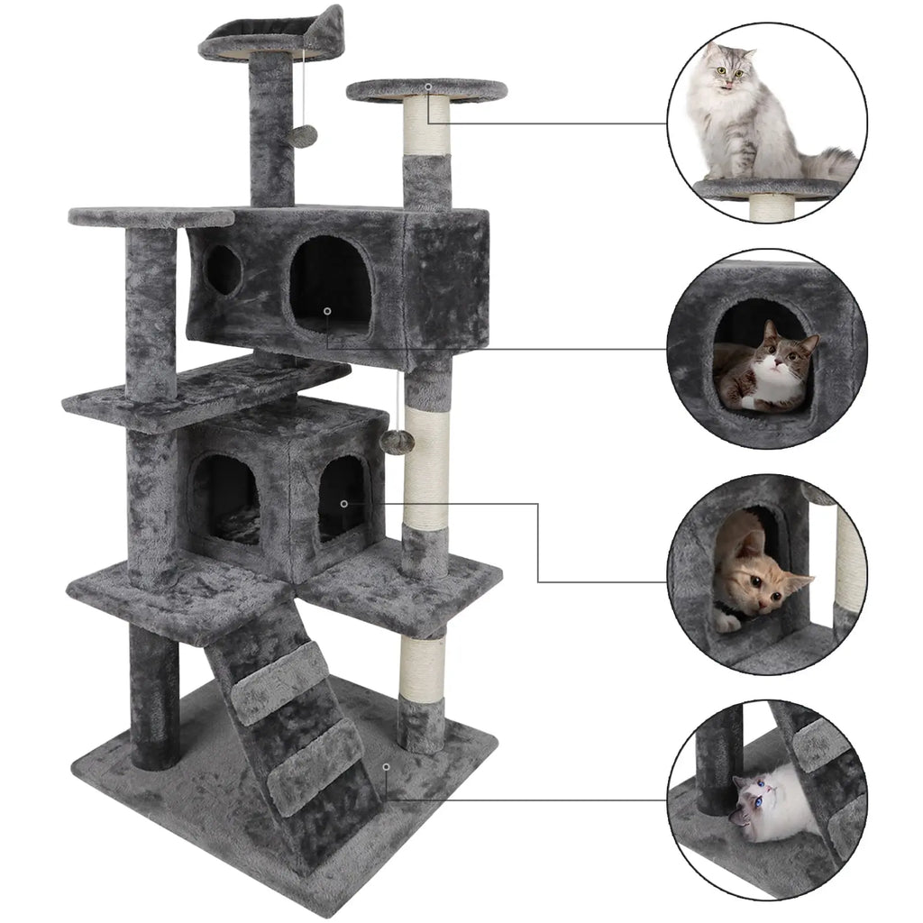 Superdeal Pets 53-Inch Multi-Level Cat Tree with Natural Sisal Scratcher, Vertical Scratcher, Condo Tower, Playhouse, Cave, Climbing Ladders for Climbing, Playing & Cozy Sleeping - Dark Gray